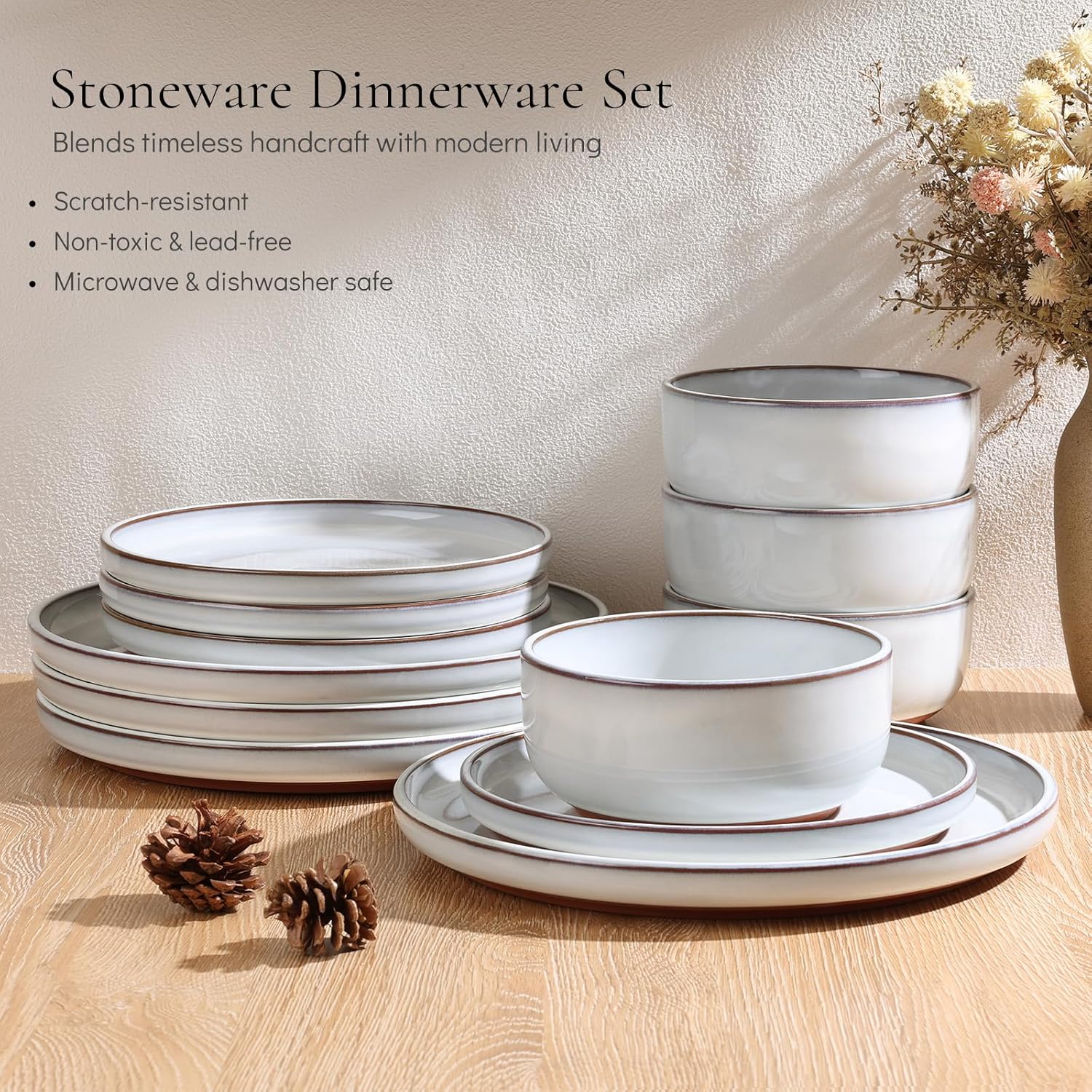 E-far Stoneware Dinnerware Sets for 4, 12 Pieces Reactive Glaze Plates and Bowls Sets, Elegant Dishes with Rustic Terracotta Base, Dishwasher & Microwave Safe, Scratch Resistant, Glacier White