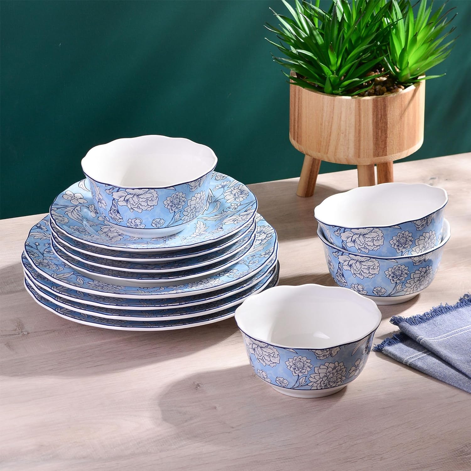 222 Fifth 12-Piece Porcelain Dinnerware Set for 4, White & Light Blue Plates and Bowls Set, Glossy Ceramic Dish Set with Ornate Floral Design, Kitchen Tableware, Microwave & Dishwasher Safe, Cleremont