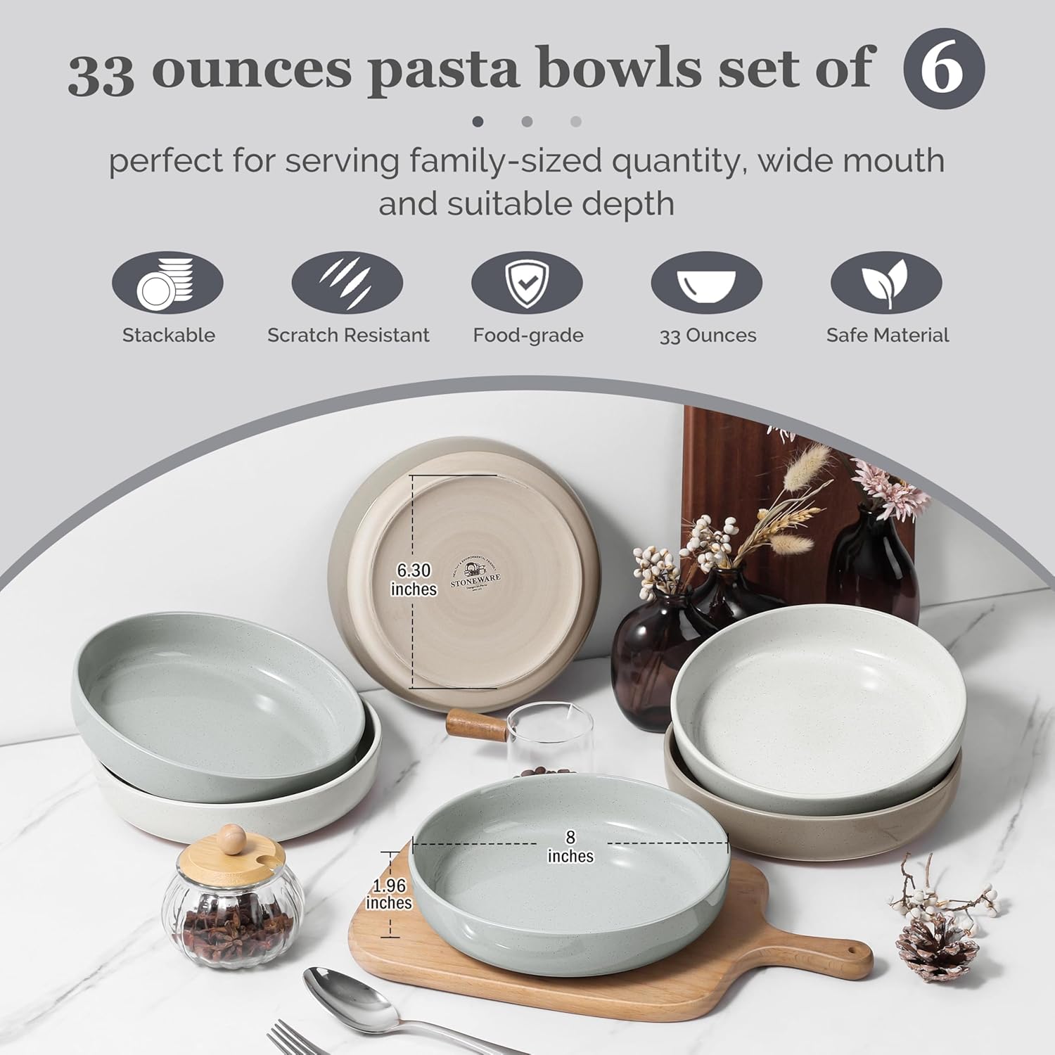 HaWare Pasta Bowls Set of 6, 33oz Large Salad Bowls for Home Kitchen, Ceramic Serving Plates for Soup, Cereal, Scratch-resistant Wide and Shallow Dinner Bowl, Microwave & Dishwasher Safe, Multicolor
