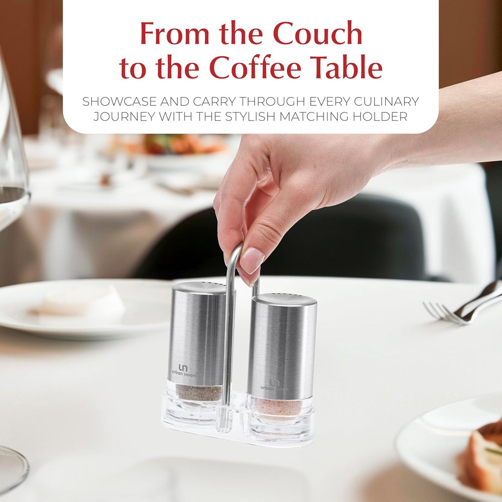 Salt and Pepper Shakers with Holder - Elegant Stainless Steel Salt Shaker and Pepper Shaker Set with Acrylic Holder for Kitchen Counter or Restaurant Table