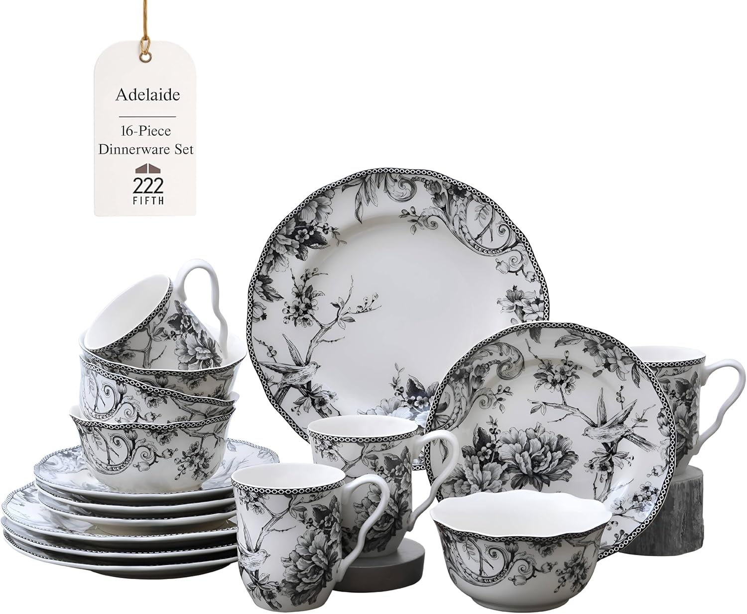 222 Fifth Adelaide 16-Piece Black Porcelain Dinnerware Set – Service for 4, Featuring Hand-Applied Romantic Woodland Bird Design, for Everyday Dining & Entertainment, Microwave & Dishwasher Safe