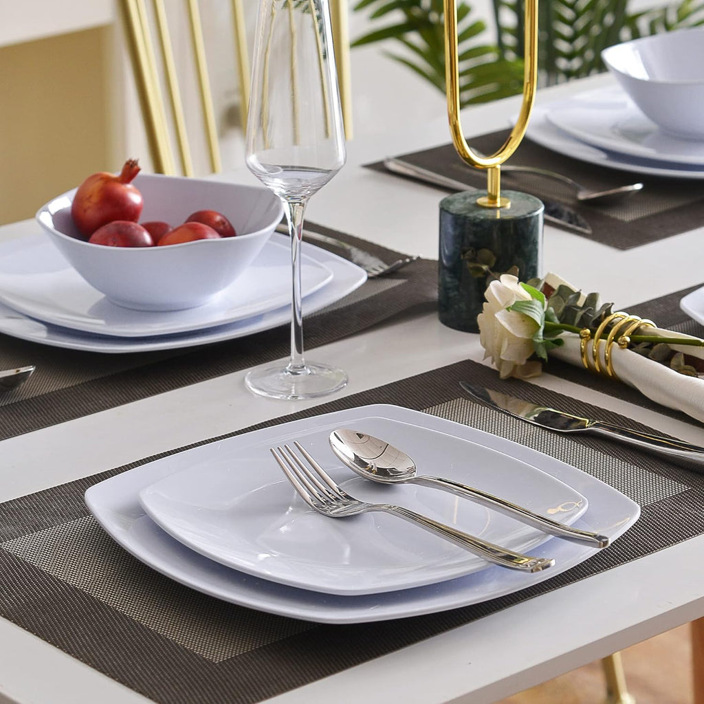 Melamine Dinnerware Sets, Square Dinnerware Sets, White Color Plates and Bowls Sets for 4, Unbreakable Dishwasher Safe BPA Free