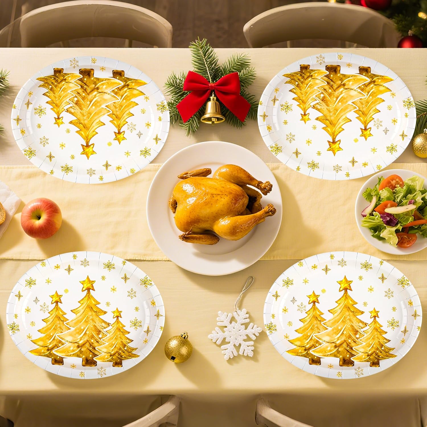 48 Pcs Christmas Oval Paper Plates 11" Large Disposable Heavy Duty Gold Christmas Tree Dessert Plates Xmas Dinnerware Serving Tray for Winter Holiday Party Tableware Supplies