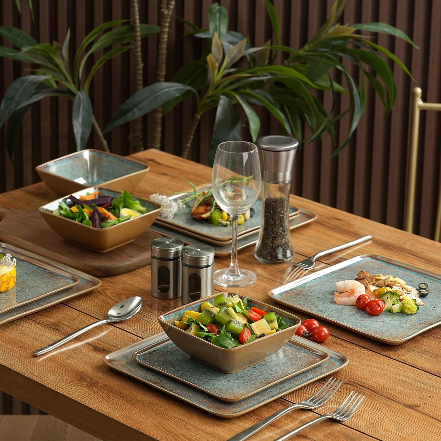 Square Melamine Dinnerware Sets of 12 Pcs,Square Plates and Bowls Sets,Unbreakable Dish Set for 4,Lightweight, Dishwasher Safe and BPA Free,Suit for RV,Camping