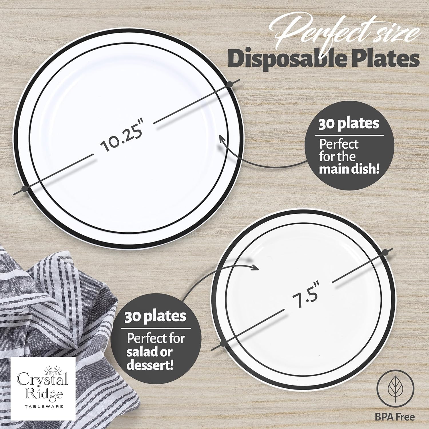 120-Piece Plastic Plates Set Premium 60 Dinner & 60 Salad Plates Pack, Disposable Plates for Party - White Plastic with Black Rim
