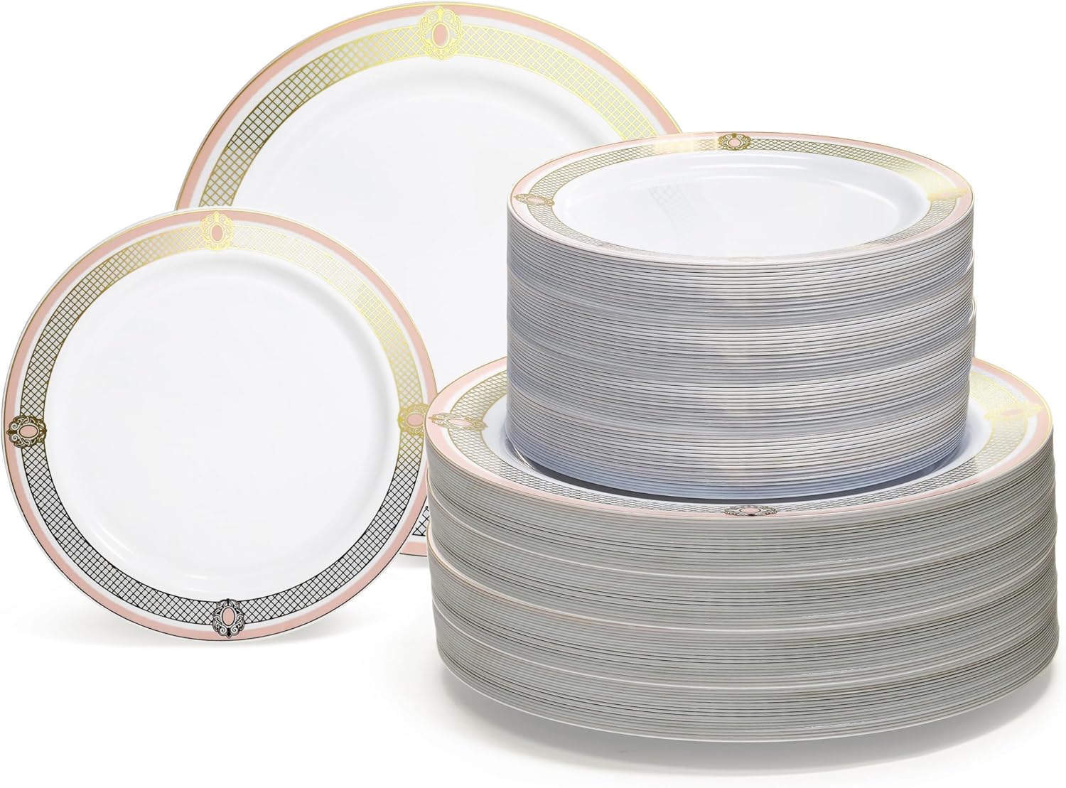 " OCCASIONS " 240 Plates Pack,(120 Guests) Premium Wedding Party Disposable Plastic Plates Set -120 x 10.25'' Dinner + 120 x 7.5'' Salad/Dessert (Royal in White/Blush & Gold)