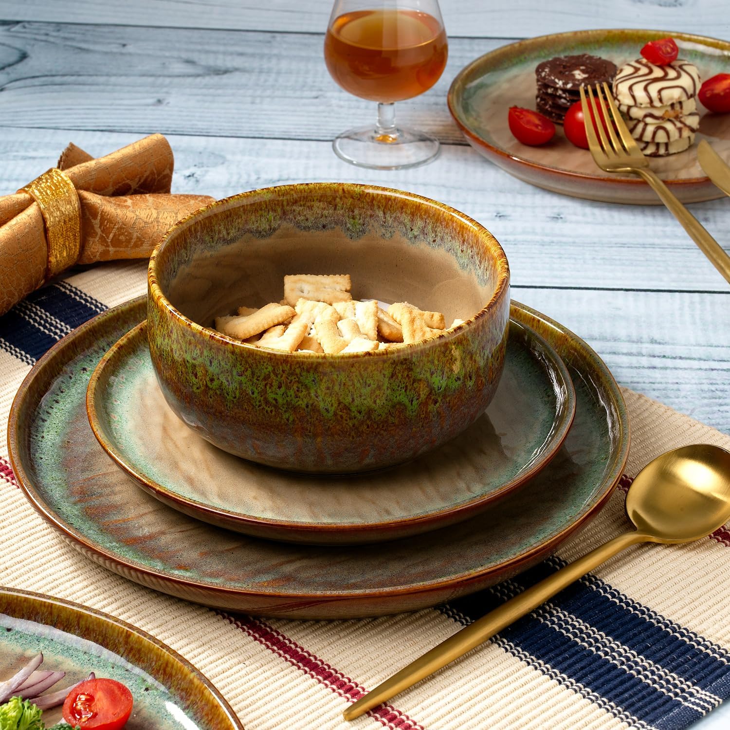 Joseph Sedgh Collection “Alyssa” 12-Piece Stoneware Dinnerware Set with Reactive Glaze Finish, Service for 4, Brown Reactive Glaze