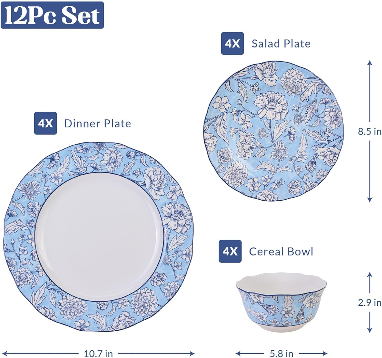 222 Fifth 12-Piece Porcelain Dinnerware Set for 4, White & Light Blue Plates and Bowls Set, Glossy Ceramic Dish Set with Ornate Floral Design, Kitchen Tableware, Microwave & Dishwasher Safe, Cleremont