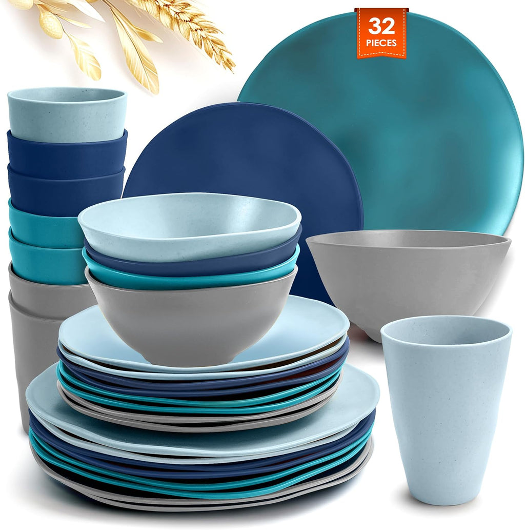 Teivio 32-Piece Kitchen Wheat Straw Dinnerware Sets for 8, Dinner Plates, Dessert Plate, Cereal Bowls,Cups, Unbreakable Plastic Colorful Apartment Outdoor RV Camping Dishes, Irregular Teal Ombre