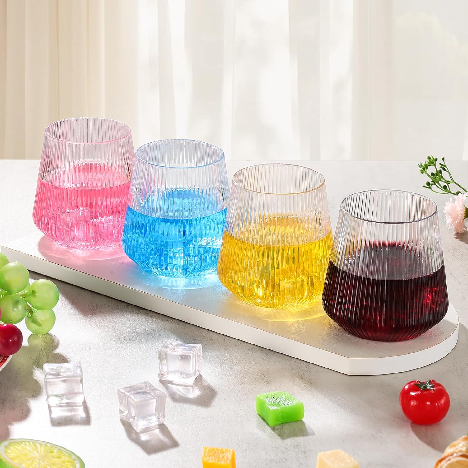 tchrules 40 Pack 12oz Plastic Stemless Wine Glasses, Clear Disposable Ribbed Cocktails Whiskey Glasses, Unbreakable Outdoor Plastic Drinking Cups for Party Wedding Birthday Holiday Mimosa Bar Supplies