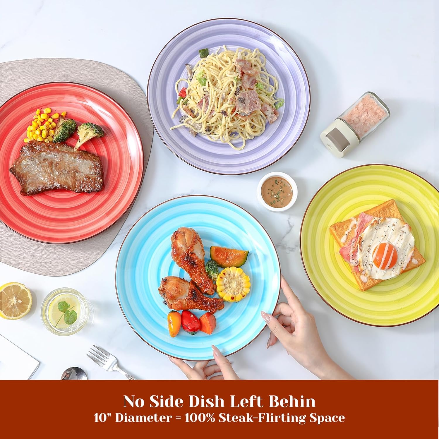KitchenTour Ceramic Dinner Plates, 8 Inch Colorful Salad Plates Set of 6, Serving Plates for Dessert, Pasta, Steak, Dishwasher and Microwave Safe