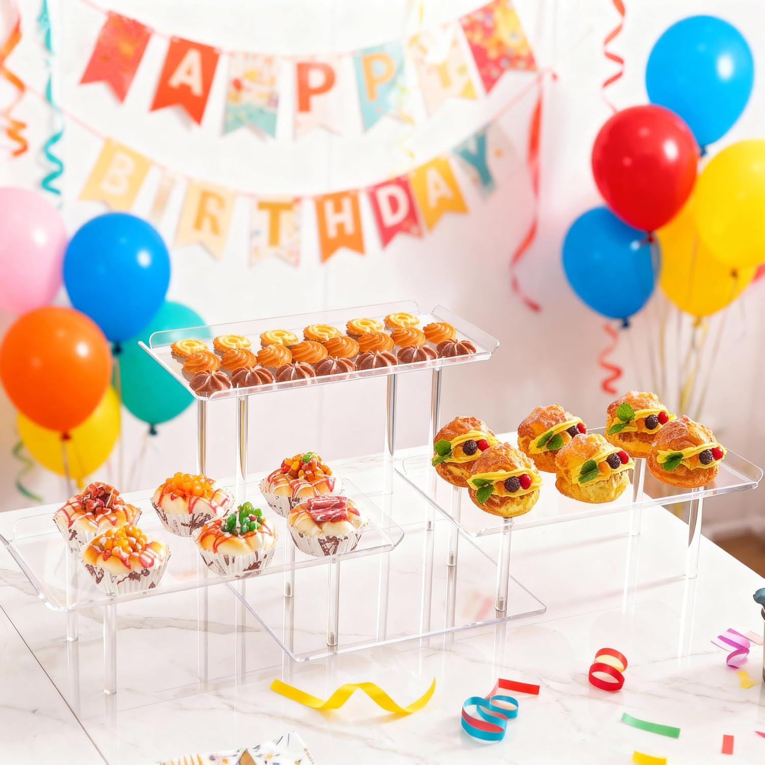 Acrylic Dessert Table Display Set, Clear Cupcake Stand, 3 Tiered Serving Trays and Platters, Buffet Riser and Stand Appetizer Sandwiches Cookie Display Stand Finger Food Display Trays for Party Bases Para Postres