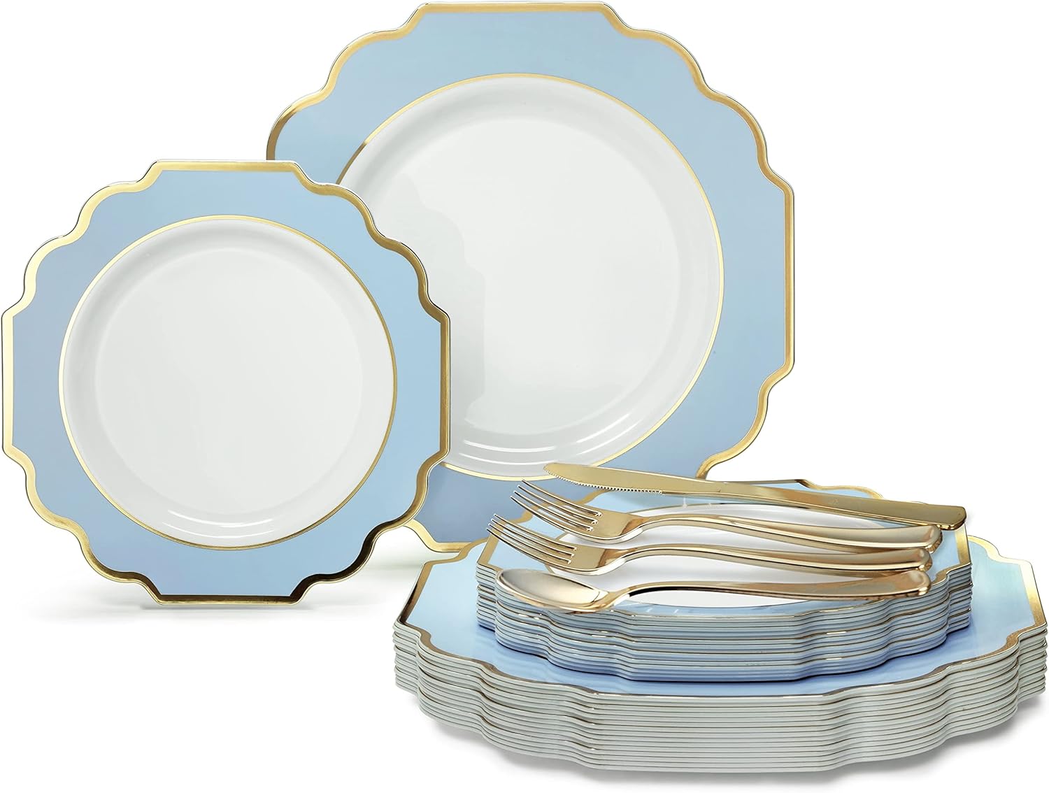 " OCCASIONS " 150 Piece set (25 Guests)-Wedding Plastic Plates & cutlery -Disposable heavyweight Dinnerware 10.5'', 8'' + Silverware w/double fork (Imperial in White/Blue & Gold)