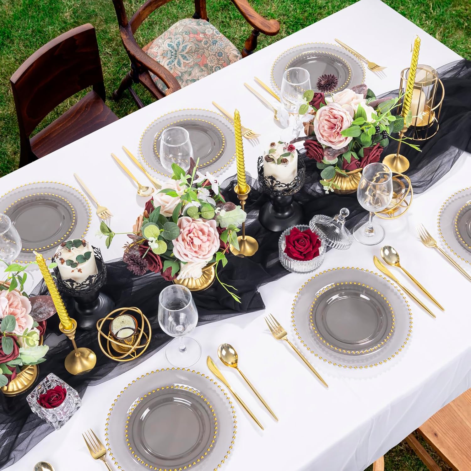 EI 60pcs Black and Gold Plastic Plates Clear with Black Disposable Plates Heavy Duty Gold Plastic Dinnerware Set For 30 Guests Perfect Wedding,Party,Birthday,Anniversary,Christmas,New Year