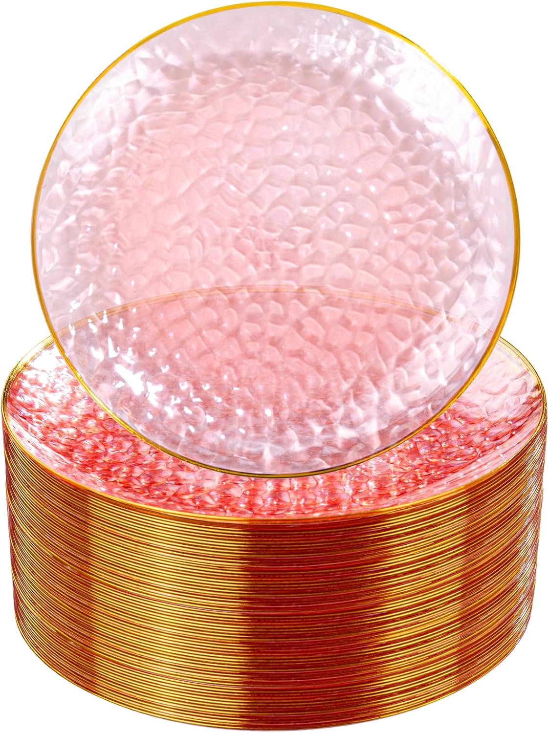 DaYammi 100 Pcs Pink Gold Dessert Plates hammered party plates, Pink Disposable Plates With Gold Rim, 7 Inch Dessert Platos Disposable, Plastic Appetizer Plates Perfect for Mother's Day