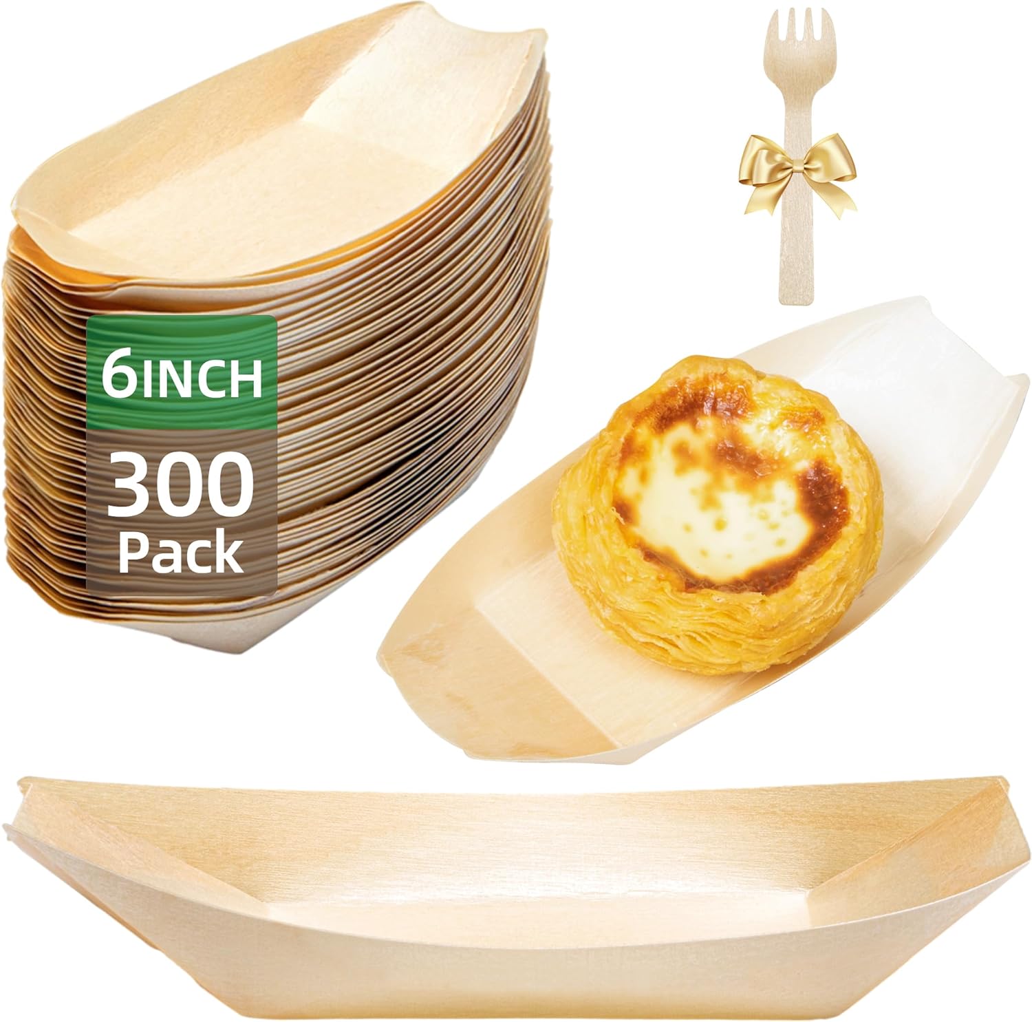 300-Pack Wooden Disposable Plates 6 IN Boat Plates Food Trays Disposable Dessert Plates Disposable Food Boats for Party Weddings Picnic (Actual Size Used: 3.39" D x 1.97" W x 0.63" H)
