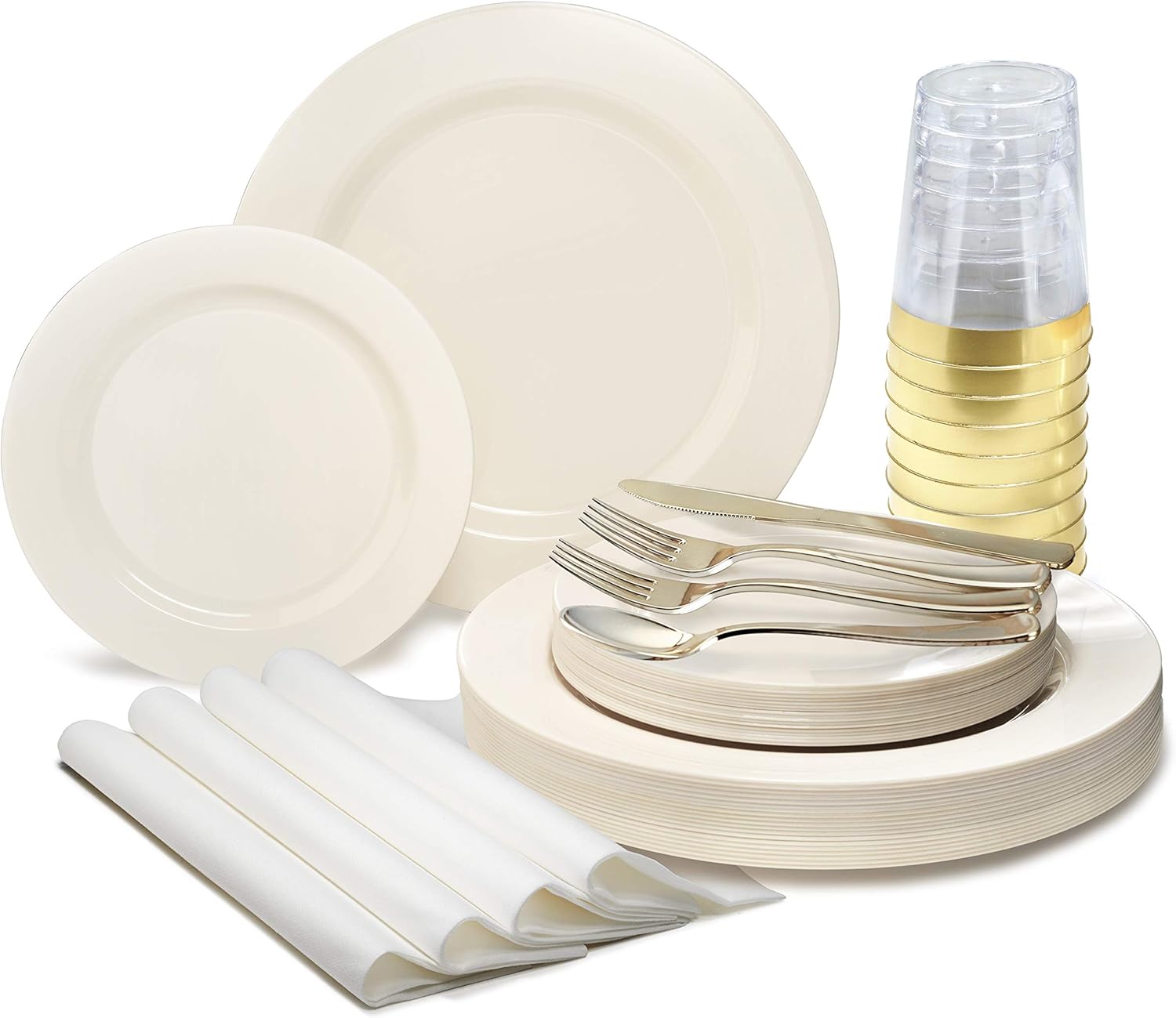 " OCCASIONS " 960pcs set (120 Guests)-Heavyweight Wedding Party Disposable Plastic Plate Set -120 x 10.5'' + 120 x 7.5'' + Silverware + Cups +linen like paper Napkins (Plain Ivory)