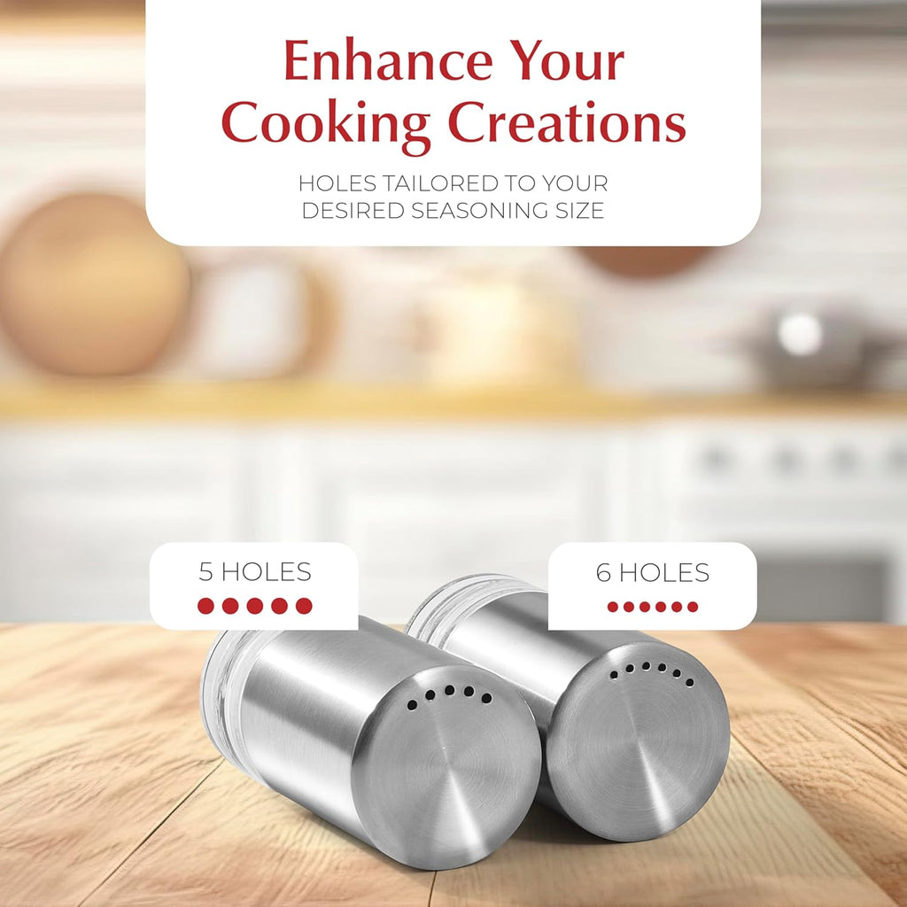 Salt and Pepper Shakers with Holder - Elegant Stainless Steel Salt Shaker and Pepper Shaker Set with Acrylic Holder for Kitchen Counter or Restaurant Table