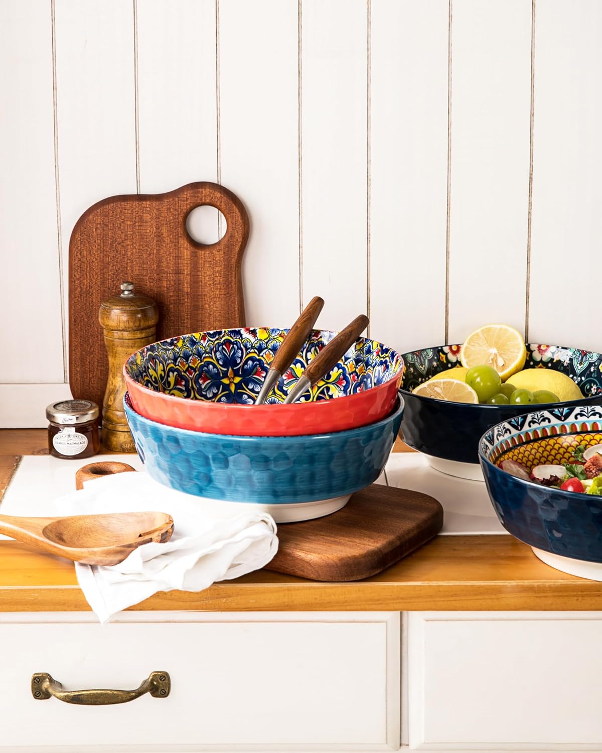 HENXFEN LEAD Large Salad Bowl Sets for Serving Soup, Ramen, Pasta, Fruit, Snacks - 48 Oz Big Ceramic Bowls for Family, Kitchen Cooking, Dinner Party - Set of 2