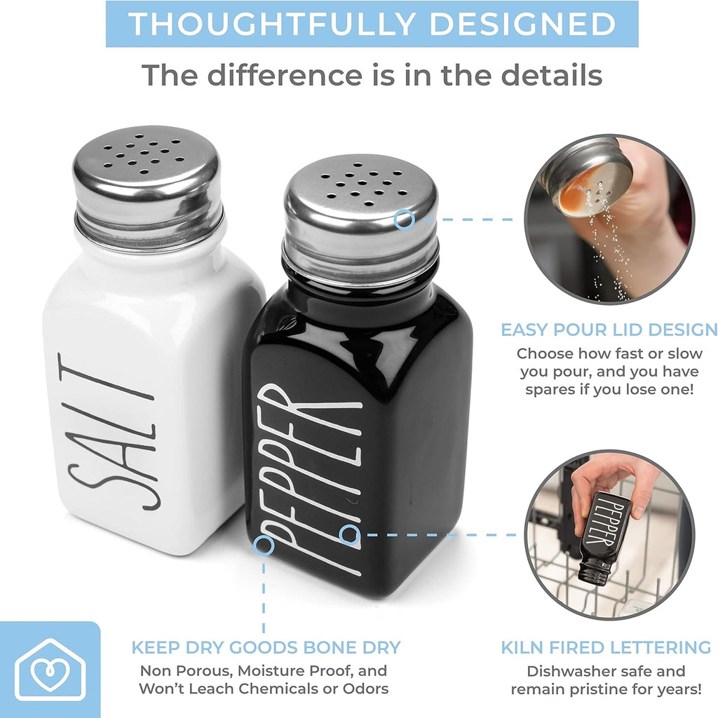 Heartland Home Farmhouse Ceramic Salt and Pepper Shakers Set with Extra Lids. 100% Stoneware Salt and Pepper Shaker Set. Black Pepper and White Salt Shaker with Lid x4. Kitchen Salt Pepper Shakers