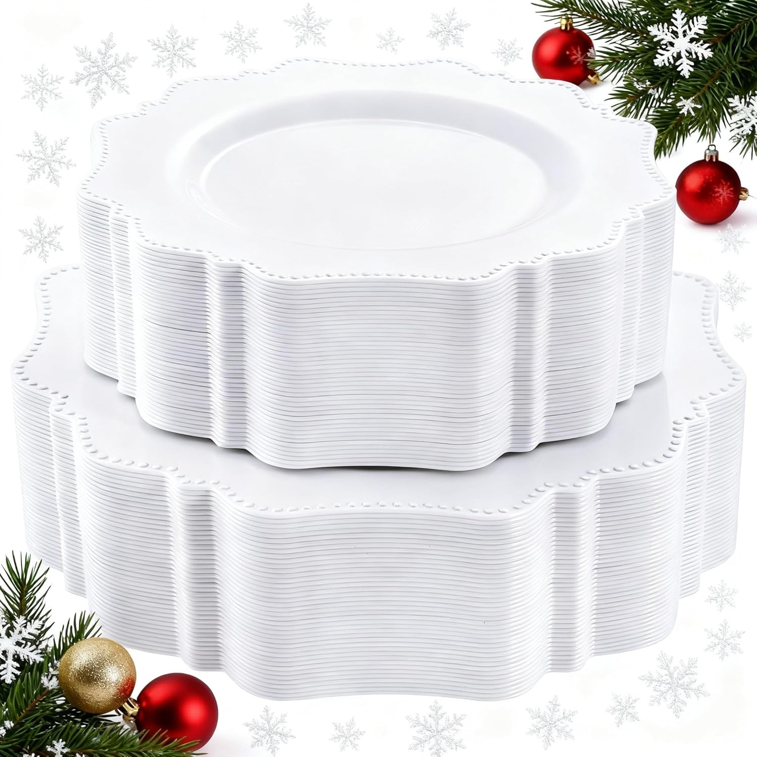 COLOSUS 100 pcs White Plastic Plates Set,Fancy Beaded Plates-European Retro plates include 50 dinner plates and 50 dessert plates,Plastic Disposable plates for Halloween,Thanksgiving,BBQ and Party