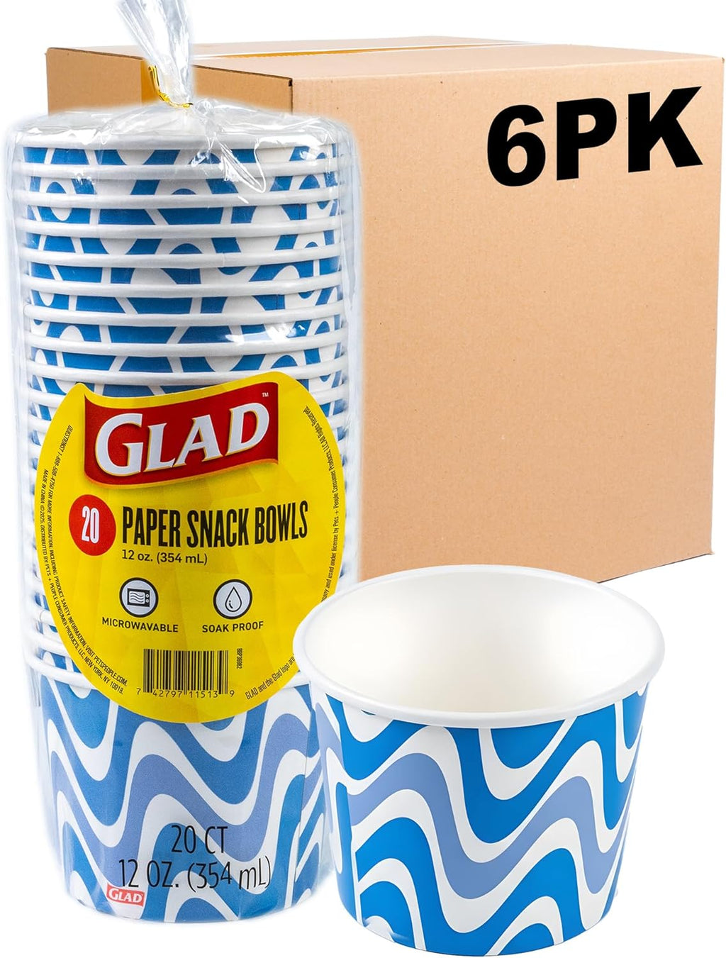 Glad Everyday Paper Snack Bowls with Blue Wave Print, Lids Not Included - Disposable Snack Bowls, Heavy Duty Paper Bowls for Everyday Use, 12 Ounces, 20 Count - 6 Pack