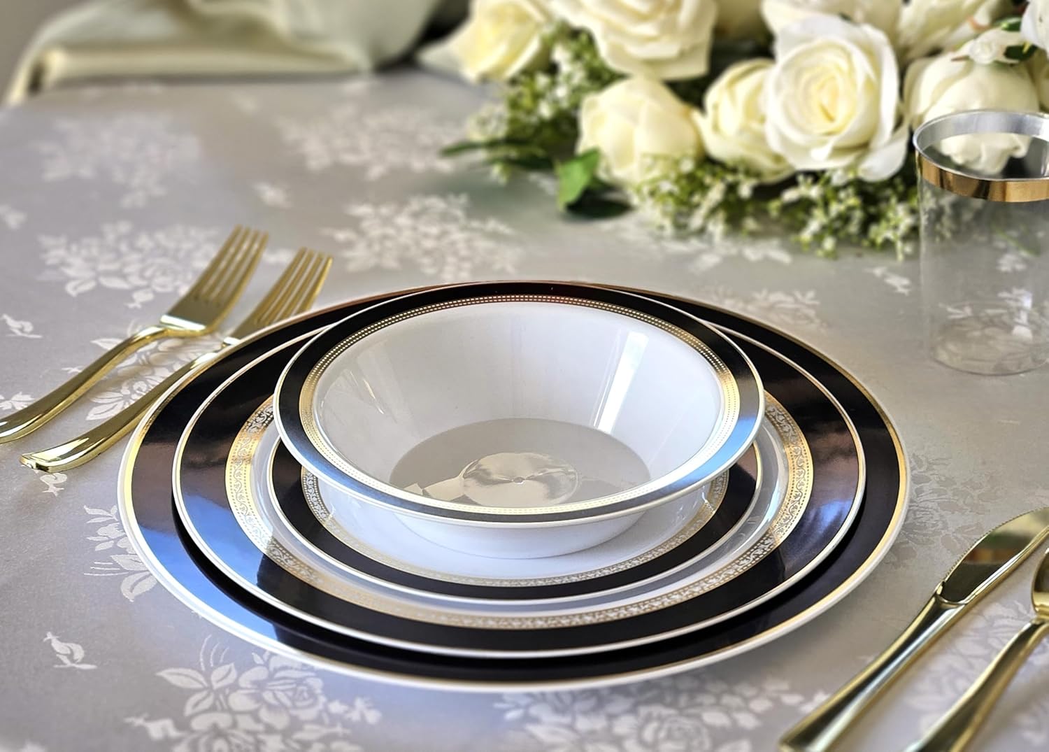 " OCCASIONS " 50 Plates Pack (25 Guests)-Heavyweight Wedding Party Disposable Plastic Plate Set -25 x 10.5'' Dinner + 25 x 7.5'' Salad/dessert plates (Ritz Black and Gold)