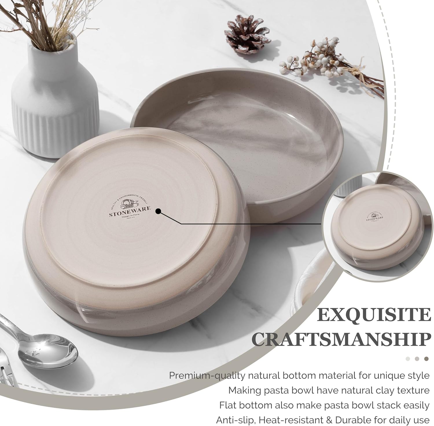 HaWare Pasta Bowls Set of 4, 33oz Large Salad Bowls for Home Kitchen, Ceramic Serving Plates for Soup, Cereal, Scratch-resistant Wide and Shallow Dinner Bowl, Microwave & Dishwasher Safe, Cream Coffee