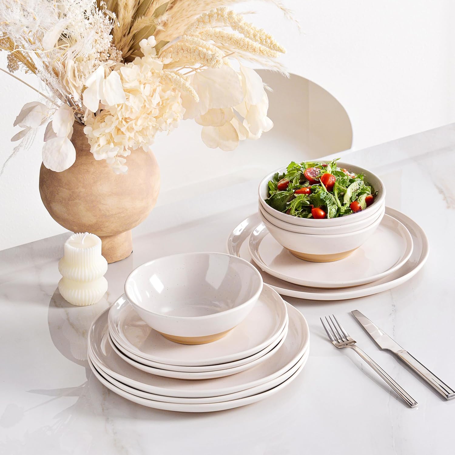 FINE&NICE Melamine Dinnerware Sets of 12 Pcs, Unbreakable Plates and Bowls Set for 4, Dinner Dishes Set for for Patio, RV and Camping, Dishwasher Safe (White with Brown)