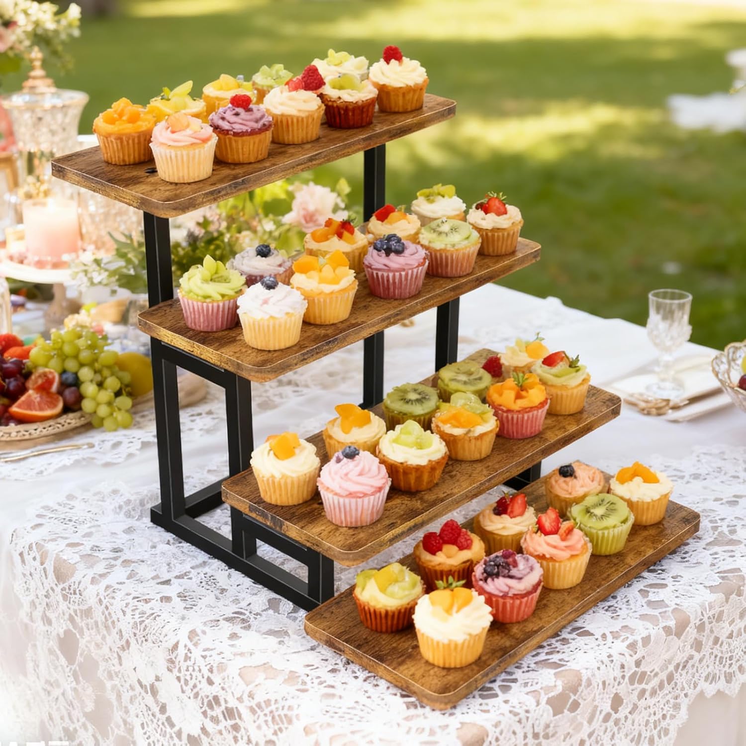 Lily Cupcake Stand for 50 Cupcakes, 2 PACK Wooden Dessert Table Display Set for Wedding Cupcake Tower, Stepped Tiered Tray Stand 4 Tier Risers Display Stands Serving Trays for Party Market Display