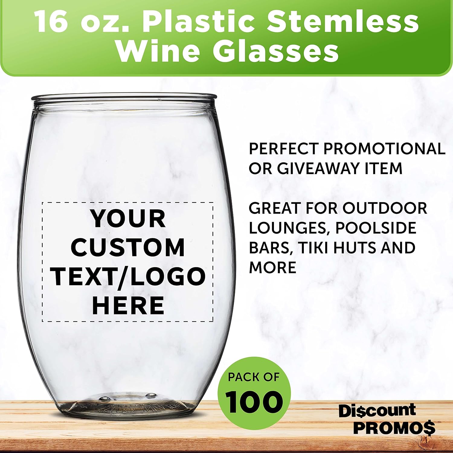 Custom Plastic Stemless Wine Glasses 16 oz. Set of 100, Personalized Bulk Pack - BPA Free, Great for Outdoor Lounges, Poolside, Parties and Other Events - Clear