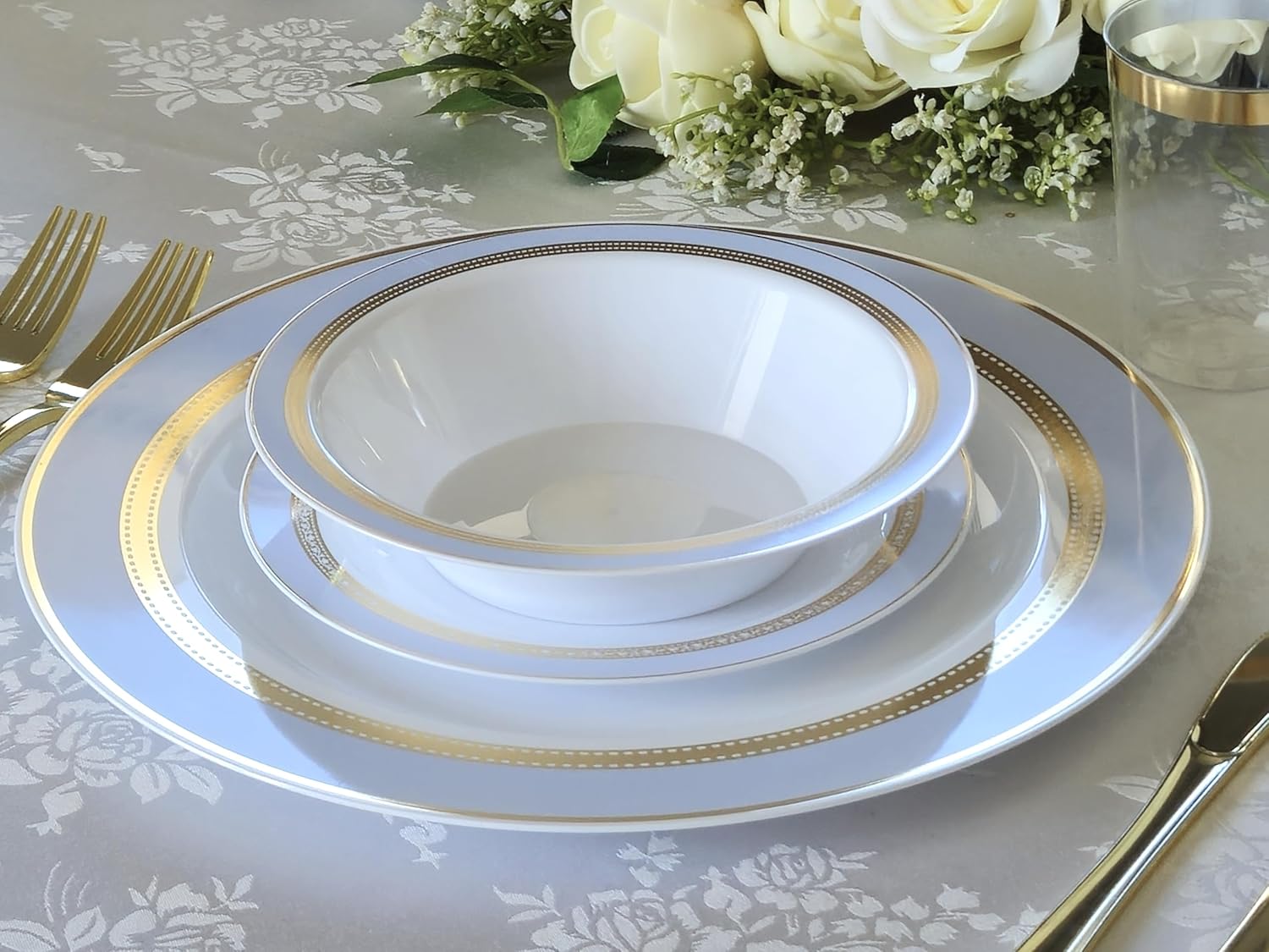 " OCCASIONS " 50 Plates Pack (25 Guests)-Heavyweight Wedding Party Disposable Plastic Plate Set -25 x 10.5'' Dinner + 25 x 7.5'' Salad/dessert plates (Ritz Blue and Gold)