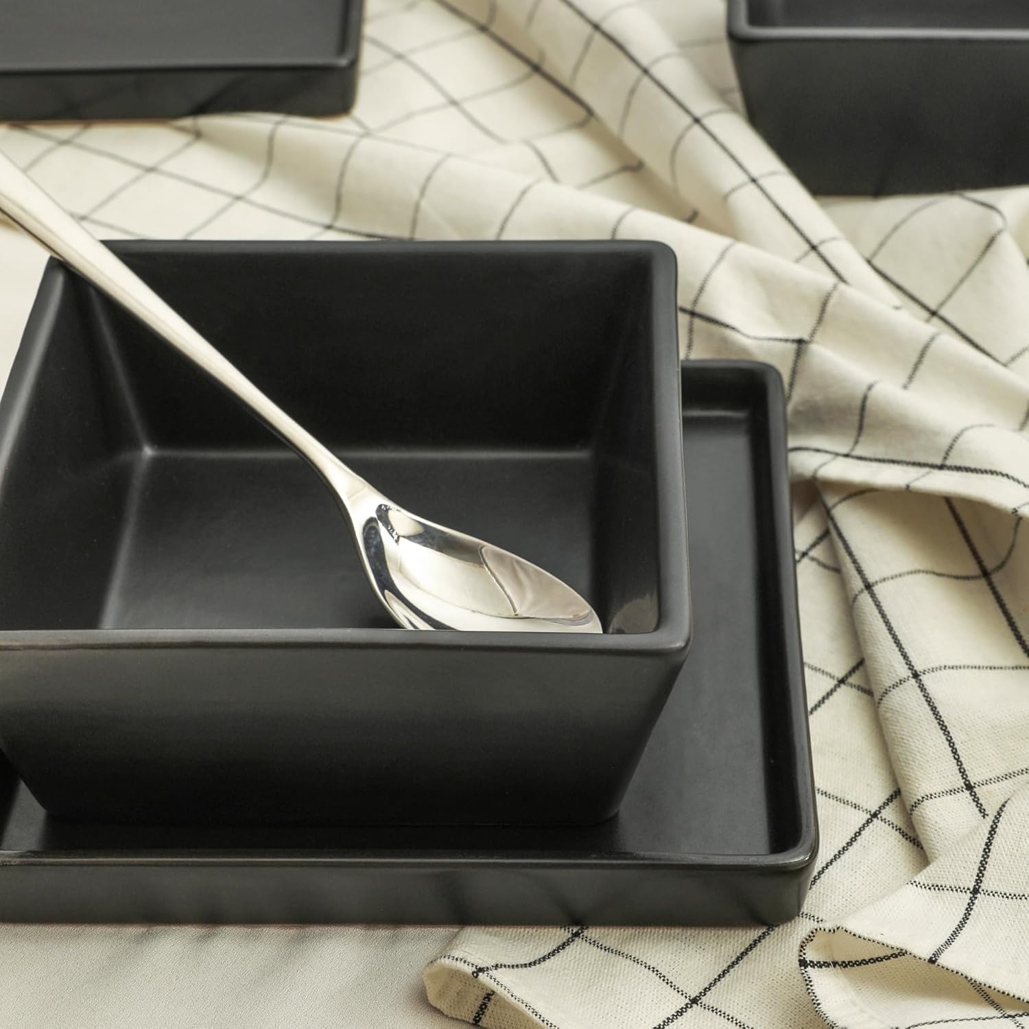 Stone Lain Grace Square Stoneware Dinnerware Set, 12 Piece Service For 4, Plates and Bowls Dish Set, Black