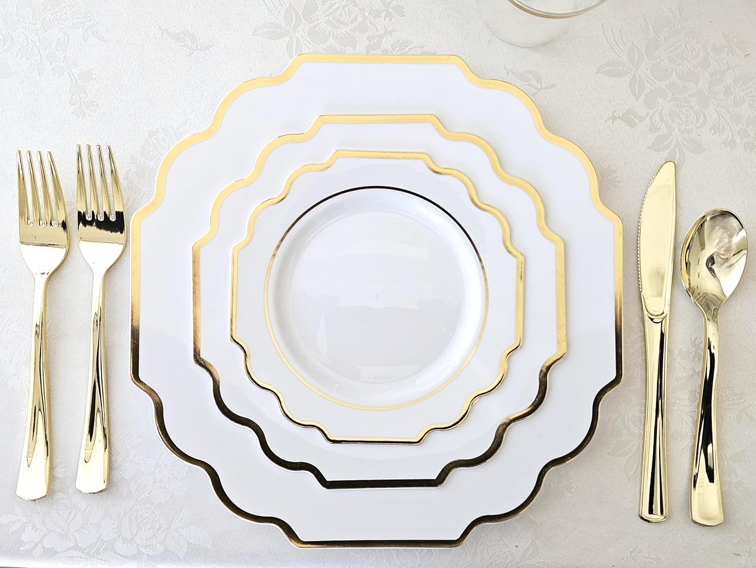 " OCCASIONS " 150 Piece set (25 Guests)-Wedding Plastic Plates & cutlery -Disposable heavyweight Dinnerware 10.5'', 8'' + Silverware w/double fork (Imperial White & Gold)