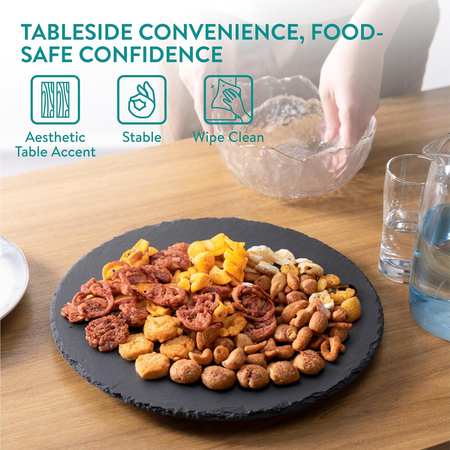 Navaris Slate Lazy Susan Serving Platter - 13" (33cm) Rotating Turntable Tray Board for Cheese Dessert Dishes Cake Snack Platters Tapas - Rotating Server