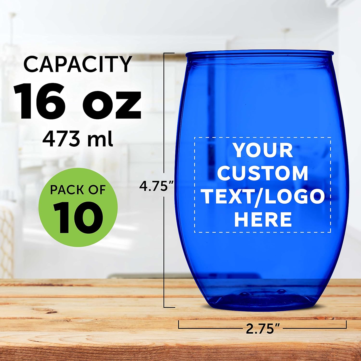 Custom Plastic Stemless Wine Glasses 16 oz. Set of 10, Personalized Bulk Pack - BPA Free, Great for Outdoor Lounges, Poolside, Parties and Other Events - Blue