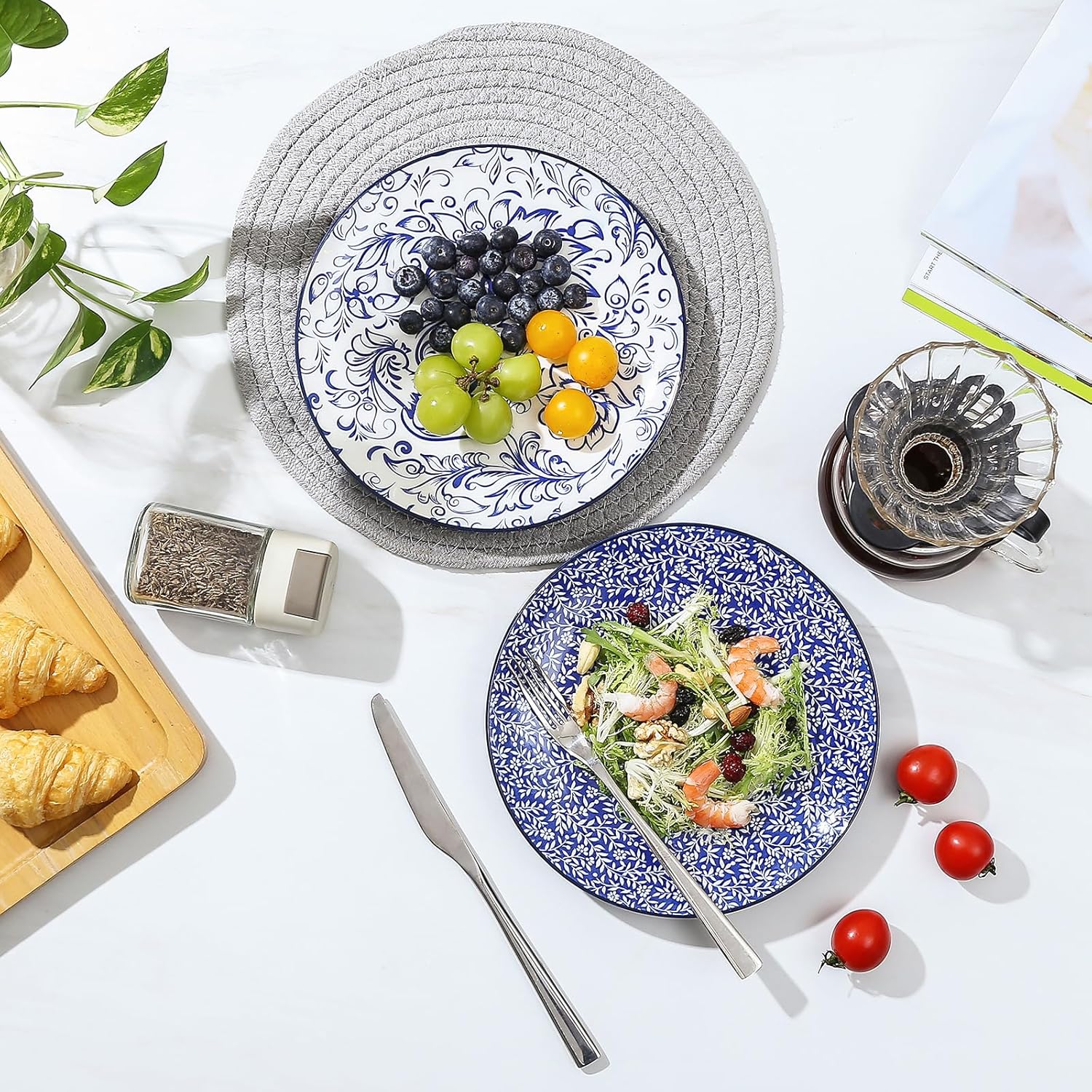 KitchenTour Ceramic Dinner Plates, 8.5 Inch Salad Plates Set of 4, Serving Plates for Dessert, Pasta, Steak, Dishwasher and Microwave Safe