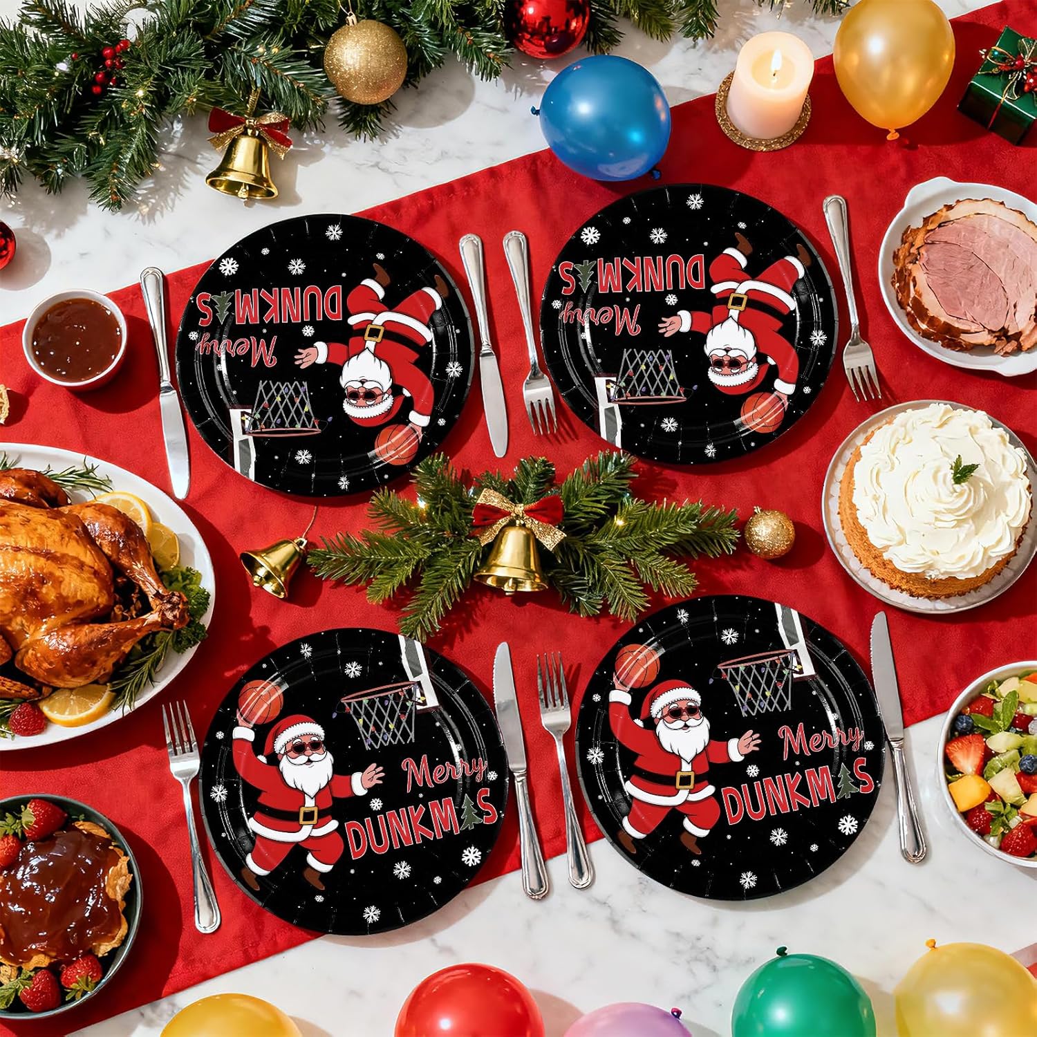 50Pcs Christmas Basketball Paper Plates 9''Heavy Duty Merry Dunkmas Santa Claus Basketball Disposable Plates Christmas Ugly Dessert Plate for Funny Xmas Holiday Basketball Fans Party Decorations