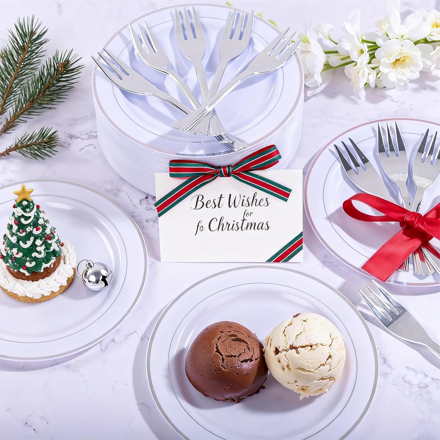 WELLIFE 240PCS Silver Plastic Dessert Plates - Includes 120PCS Silver Forks, 120PCS 6.3 Inch Salad & Appetizer Plates - Perfect for Weddings & Parties