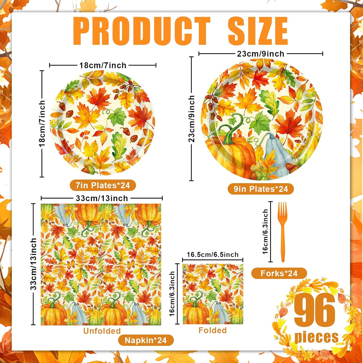 96 Pieces Fall Pumpkin Party Tableware Set – Autumn-Themed Disposable Plates, Napkins, and Orange Forks for Thanksgiving, Harvest Festivals, and Fall Gatherings – Serves 24 Guests