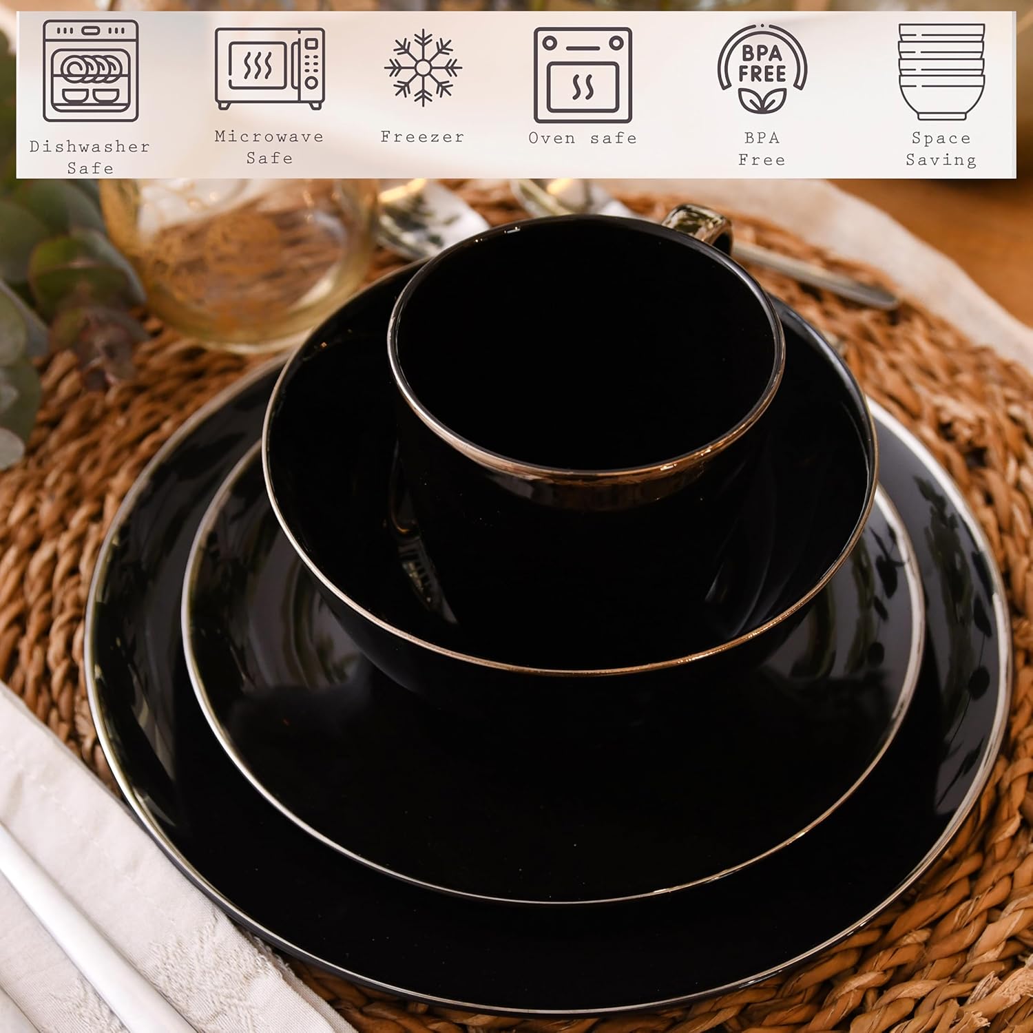 KOKEN Porcelain Dinnerware Set - 16 Pc Round Dinner Set with Mugs, Microwave Safe