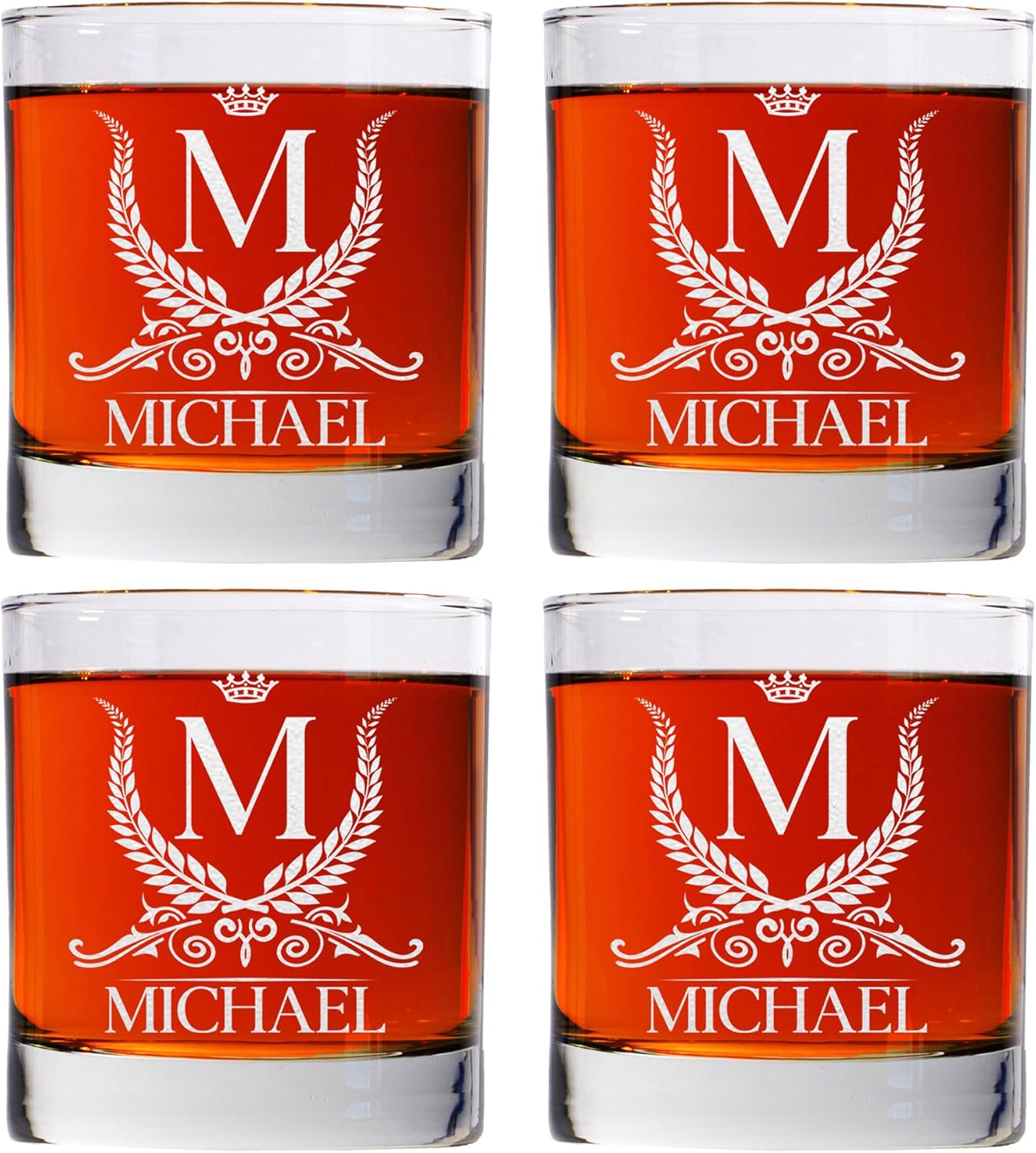 Personalized Set Of 4 Whiskey Glasses For Men and Women, 11oz Old Fashioned Rack Glass Birthday Gift For Him and Her, Customized Engraved Etched Monogram Rocks Cocktail Glass, Father's Day