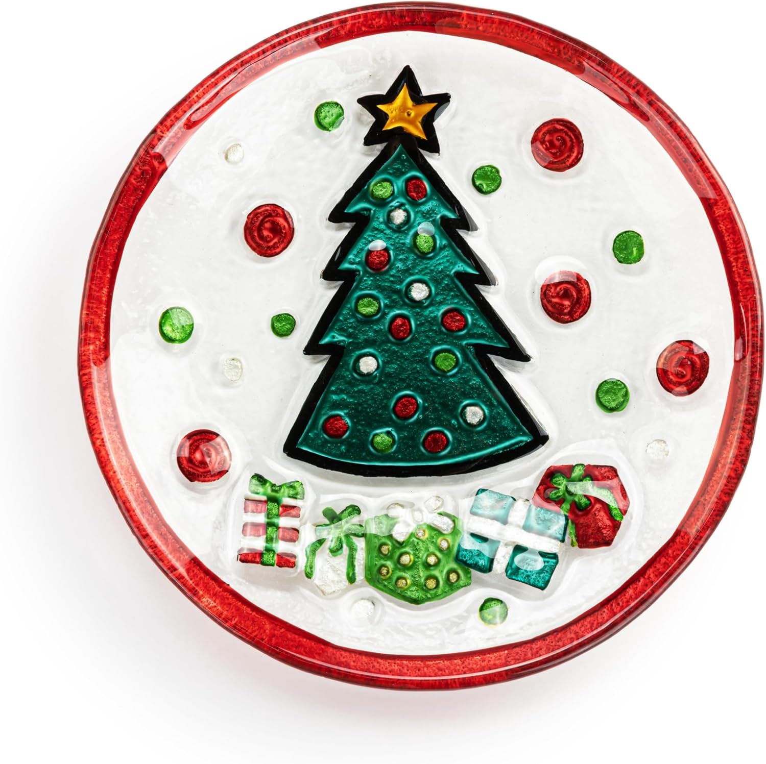 DEMDACO Decorative Christmas Dish Round Holiday Snack Cookie Plate Mini 6.5 Inch Glass Christmas Tree
