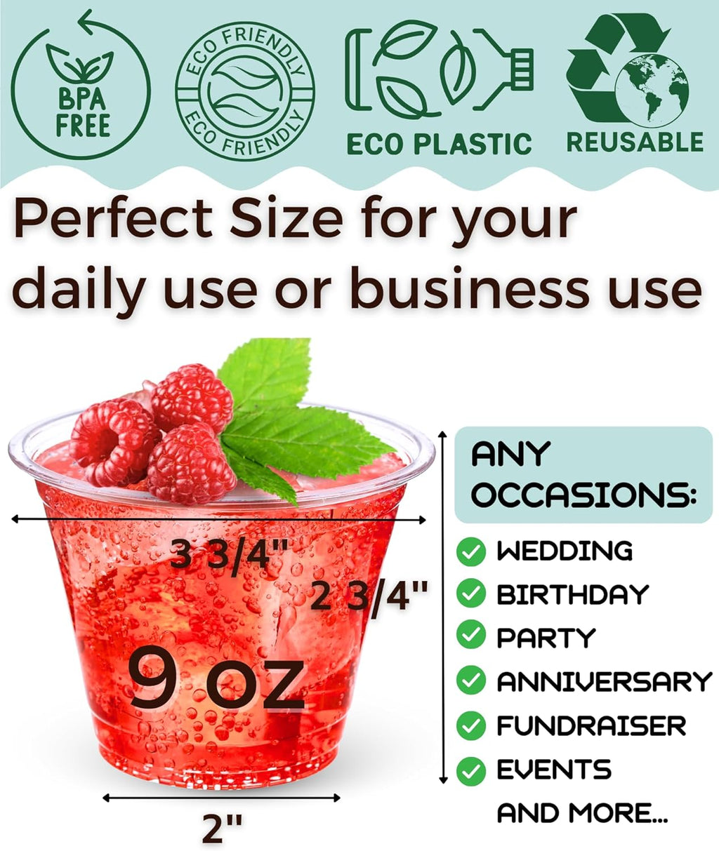 9 oz Clear Plastic Cups, 40 Pack 9oz Plastic Cocktail Party Cups, Disposable Wine Glasses Small Drinking Cup for Wedding, Punch Cup, Reusable Food Safe