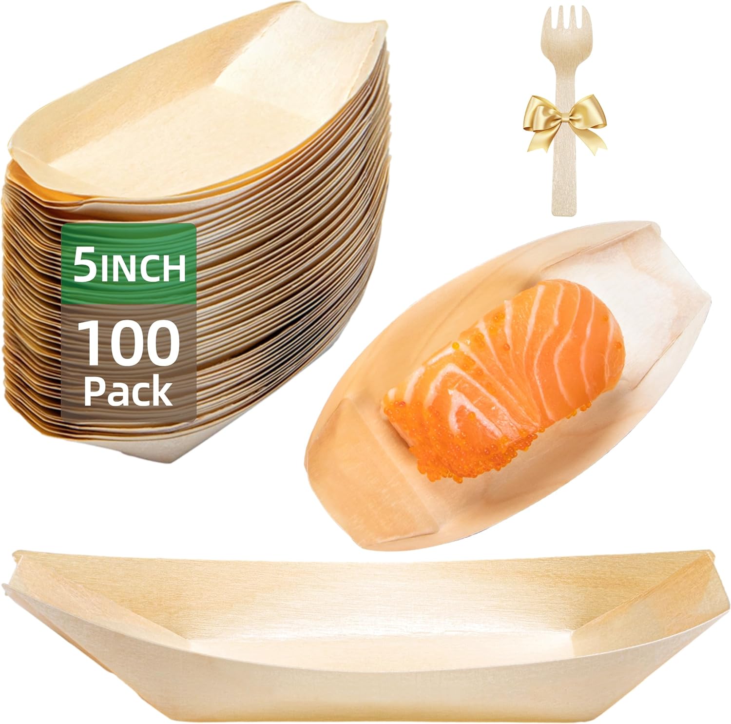 100-Pack Wooden Disposable Plates 5 IN Boat Plates Food Trays Disposable Dessert Plates Disposable Food Boats for Party Weddings Picnic (Actual Size Used: 2.95" D x 1.73" W x 0.59" H)