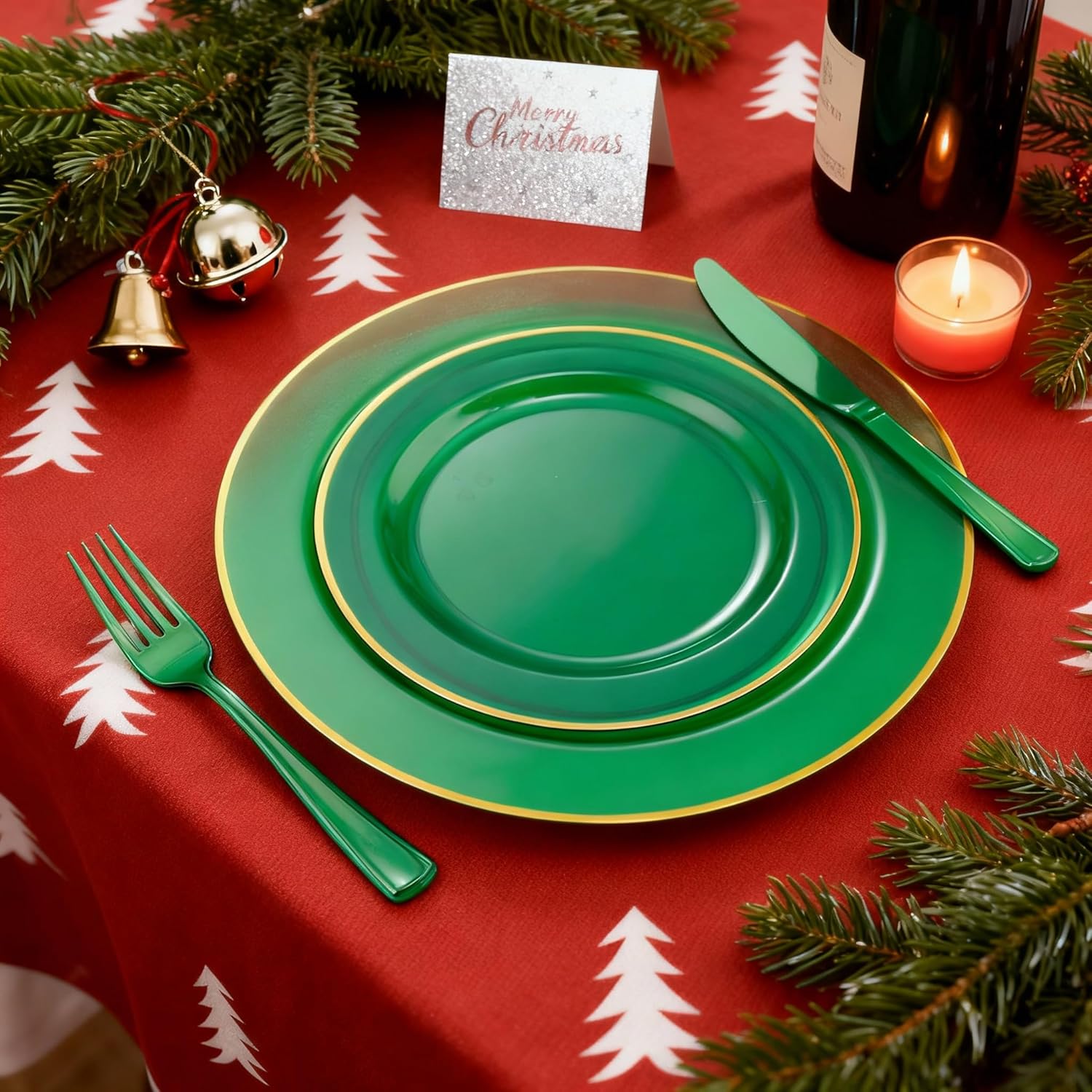 Colosus 36guest disposable Green Plastic Party Plates Dinnerware set. Green and Gold Rim Plastic Dinner/Salad Plates, silverware & cups for Wedding Birthday Party Dinner,Christmas