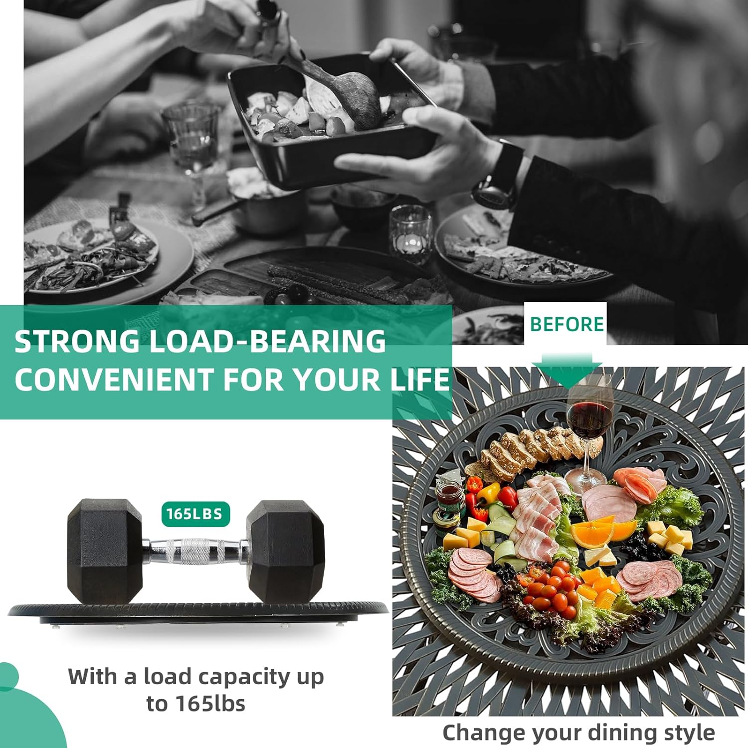 VIVIJASON 24" Cast Aluminum Lazy Susan Turntable, 360° Rotating Display Tray with Silent Bearings, Round Table Top Swivel Serving Plate with Umbrella Hole for Outdoor Dining Table, Floral Style