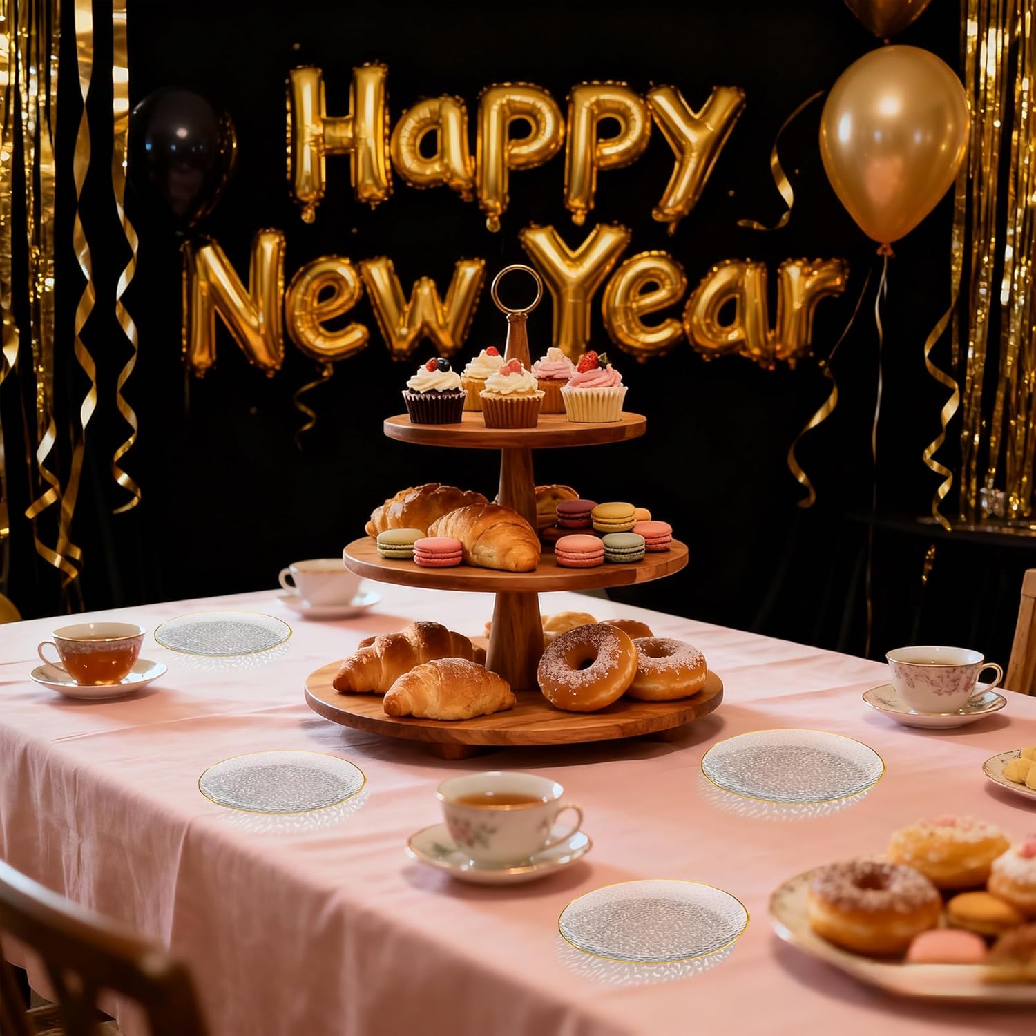 Rubtlamp 100 Pcs New Year Plastic Dessert Plates, Black Plastic Appetizer Plates, 6inch Black Disposable Cake Plates With Gold Rim, Heavy Duty Small plates, Fancy Hard Disposable Salad plates