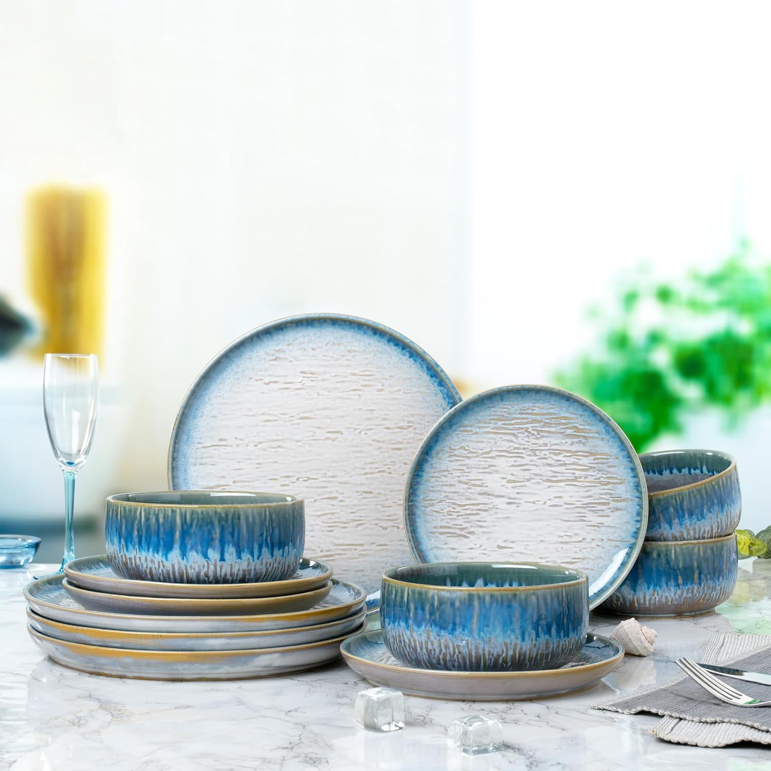 Joseph Sedgh Collection “Talia” 12-piece Stoneware Dinnerware Set with Reactive Glaze Finish, Service for 4, Blue Reactive Glaze