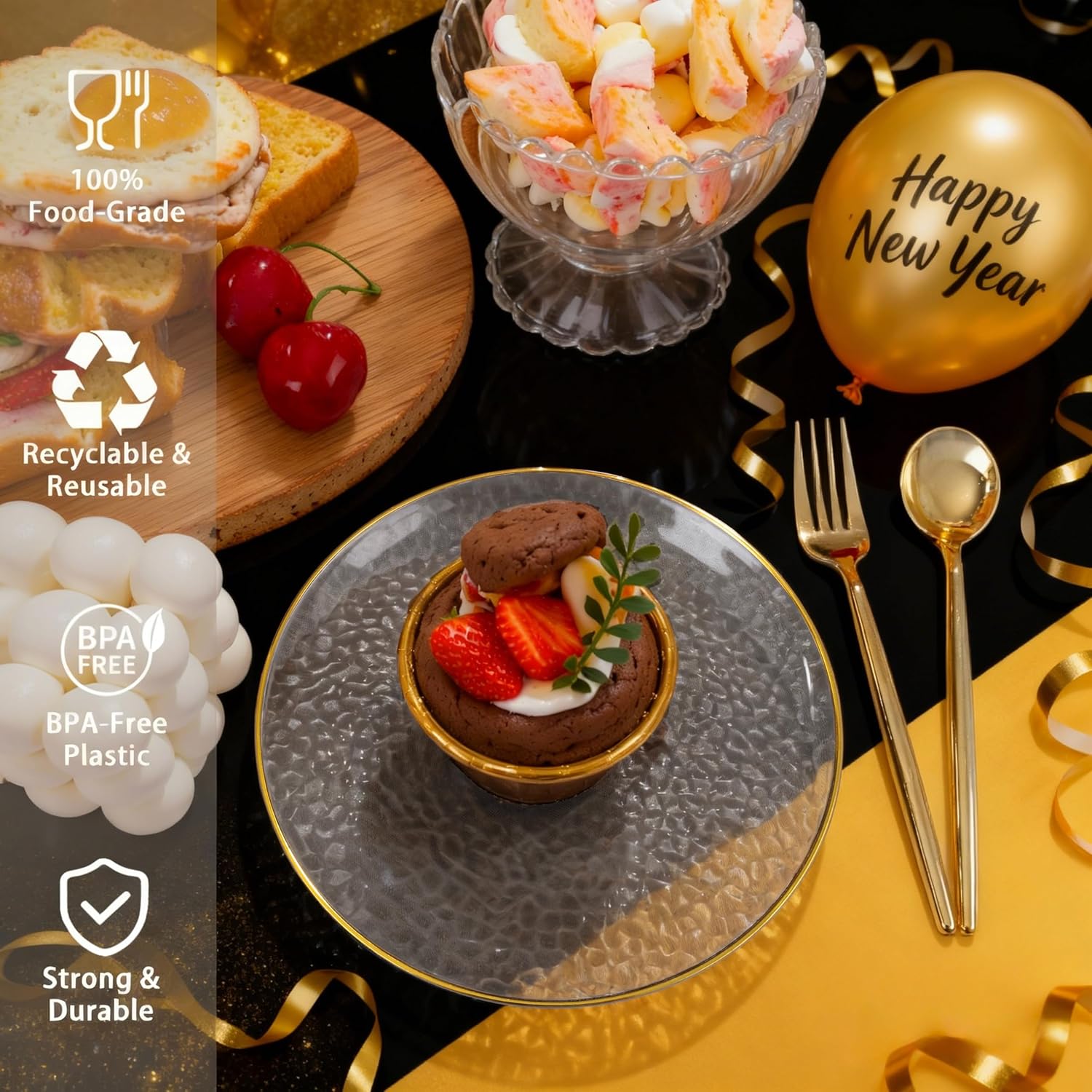 Rubtlamp 100 Pcs New Year Plastic Dessert Plates, Black Plastic Appetizer Plates, 6inch Black Disposable Cake Plates With Gold Rim, Heavy Duty Small plates, Fancy Hard Disposable Salad plates